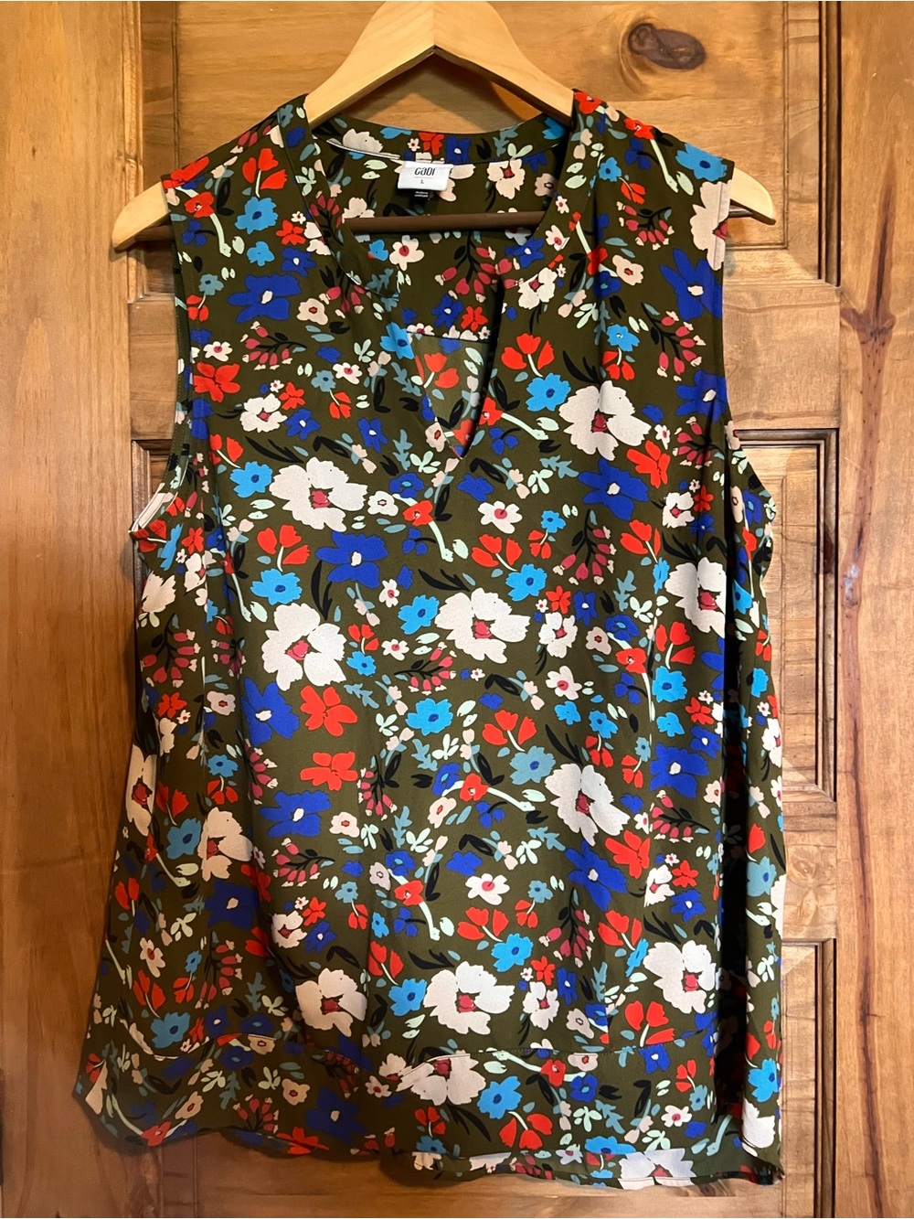 CAbi Olive Floral V-Neck Sleeveless Camisole with Red, Blue & Cream Flowers